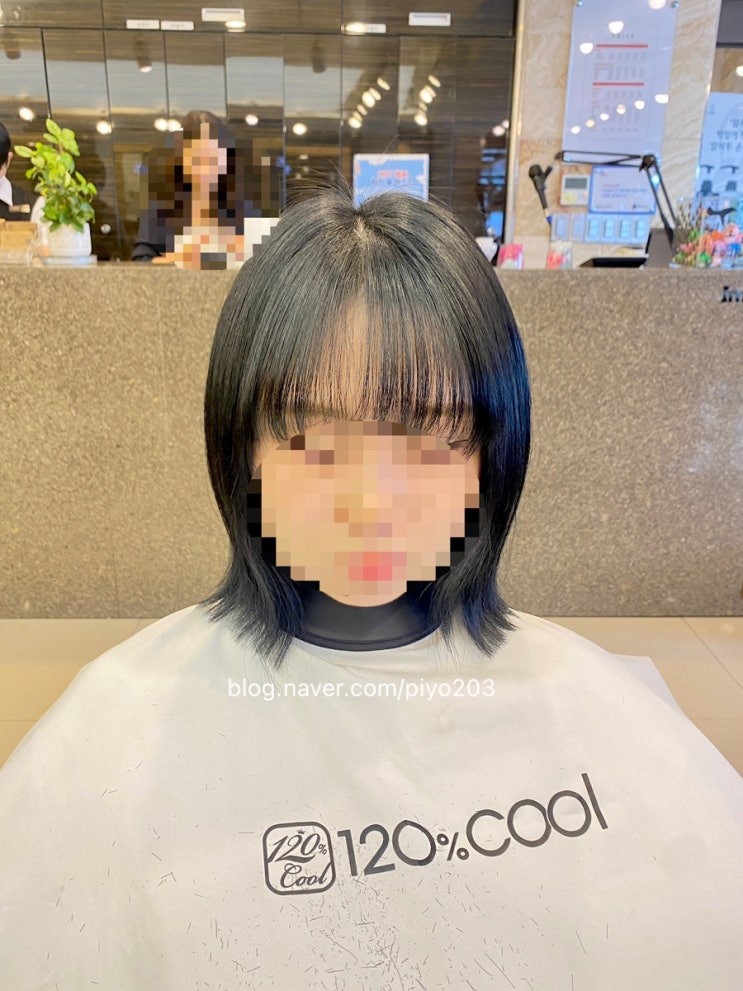  의정부역 120% 미용실 오선 부원장의 중단발 레이어드 블루 블랙, 가벼운 풀뱅으로 분위기 변신 
