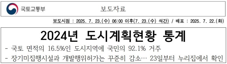  2024년 기준 국토교통부 도시계획 현황 통계 세부내용