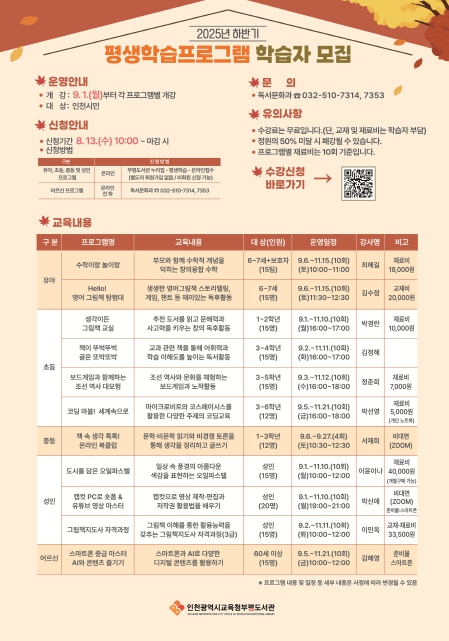 인천광역시교육청부평도서관, 하반기 평생학습프로그램 학습자 모집
