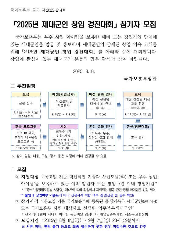  2025년 제대군인 창업 경진대회 참가자 모집 공고