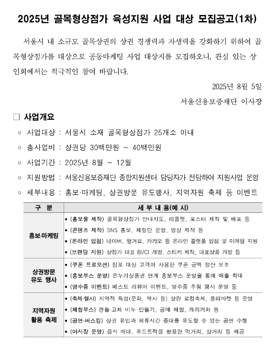 [서울] 2025년 1차 골목형상점가 육성지원 사업 대상 모집 공고