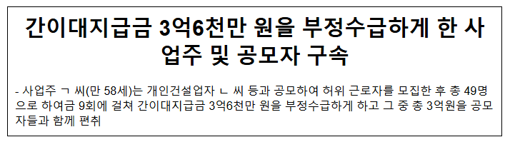 간이대지급금 3억6천만 원을 부정수급하게 한 사업주 및 공모자 구속