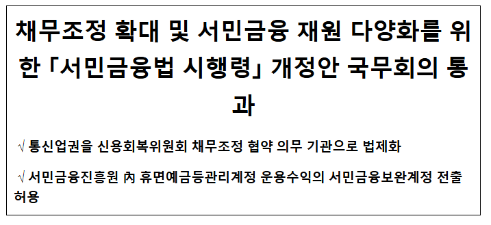 채무조정 확대 및 서민금융 재원 다양화를 위한 「서민금융법 시행령」 개정안 국무회의 통과