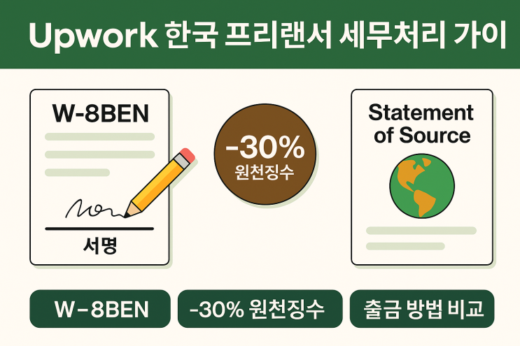  Upwork 한국 프리랜서 세무처리 가이드: W-8BEN, 원천징수 30%, 출금 방법 비교