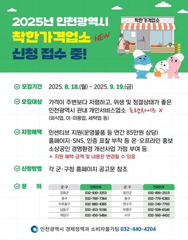 인천시, 착한가격업소 신규 모집…서민경제·물가안정 ‘두 마리 토끼’ 잡는다