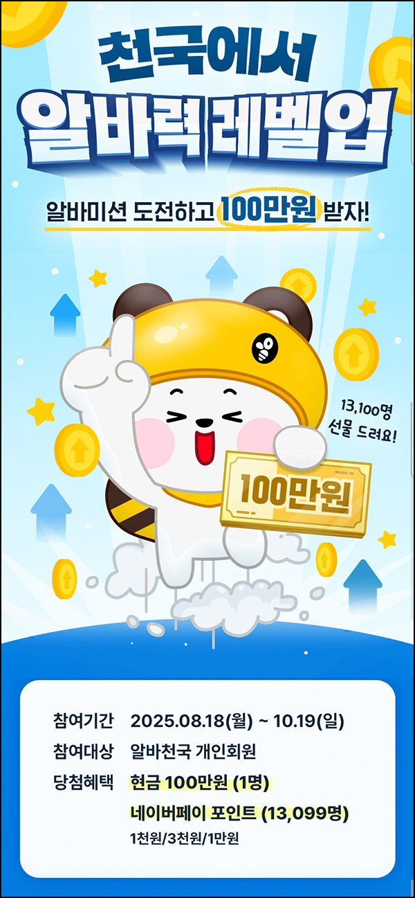  알바천국 레벨업 이벤트(네페 1천원등 13,100명)추첨~10.19