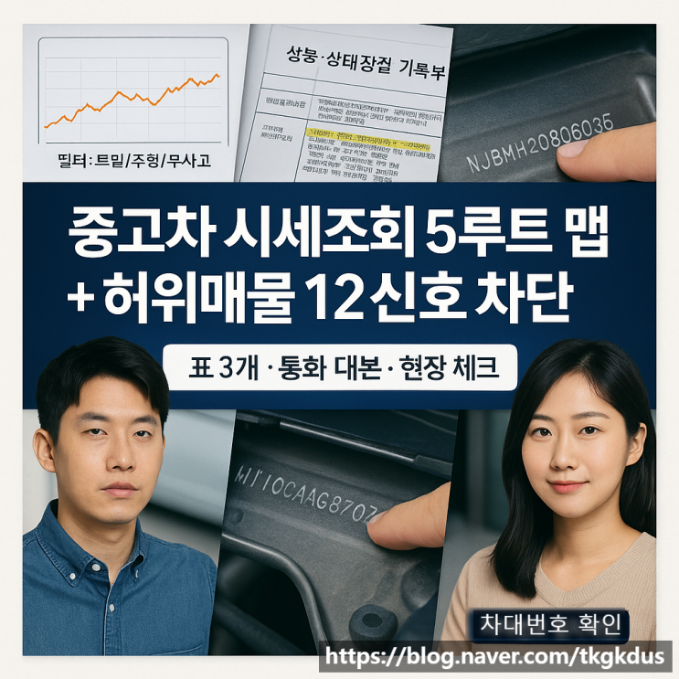  중고차 시세조회 5루트 맵 + 허위매물 12신호 차단 가이드｜통화 대본·현장 체크