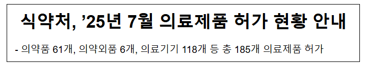  식약처, '25년 7월 의료제품 허가 현황 안내
