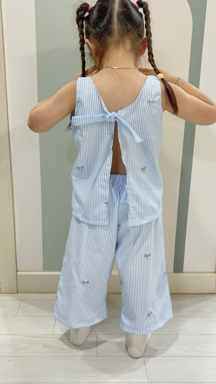  여름이 지나기전에...️ 핀터재질 캐쥬얼 여름패션 / 여아 블루 스트라이프 세트 만들기