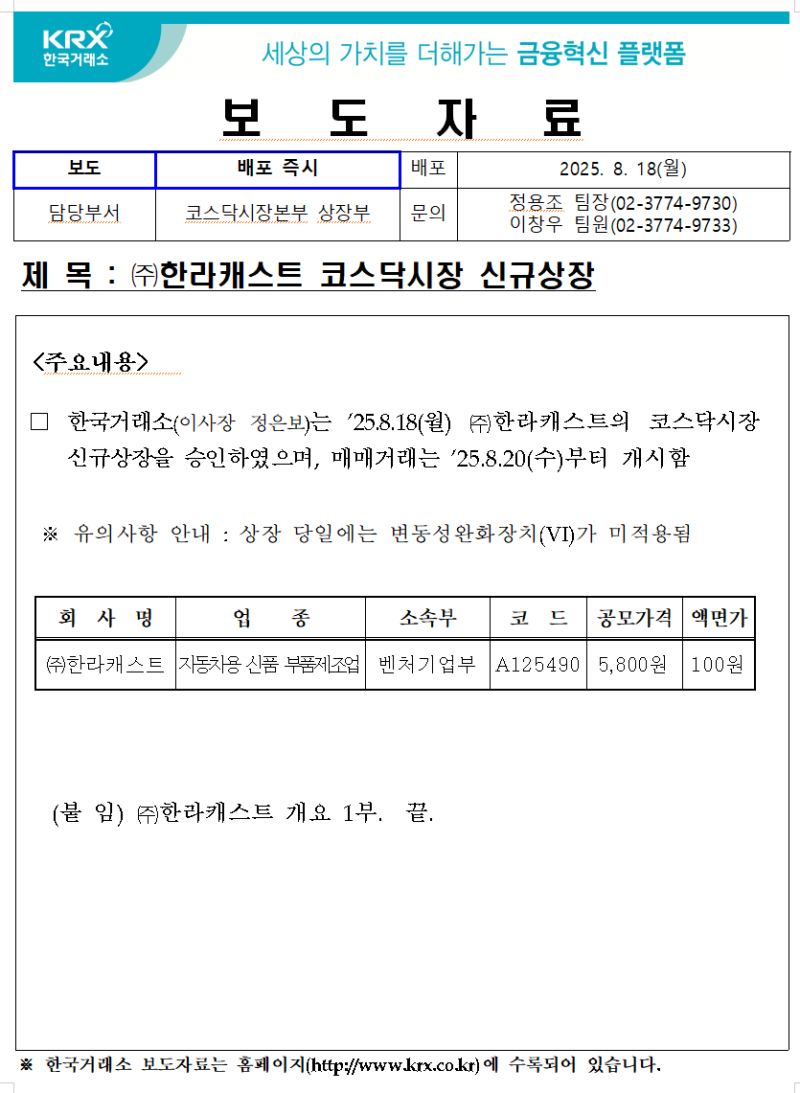 한라캐스트(125490), 코스닥시장 신규상장(2025년 8월 20일) : 네이버 블로그