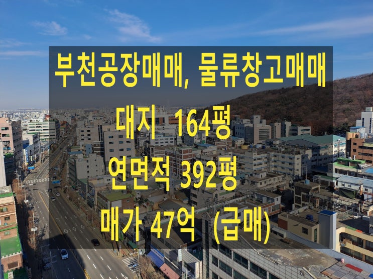  부천공장 매매, 물류창고 매매, 대로변, 대지 164평, 연면적 392평, 부천 도당동 공장, 창고 매매, 층고 높고, 대형차 진입 가능