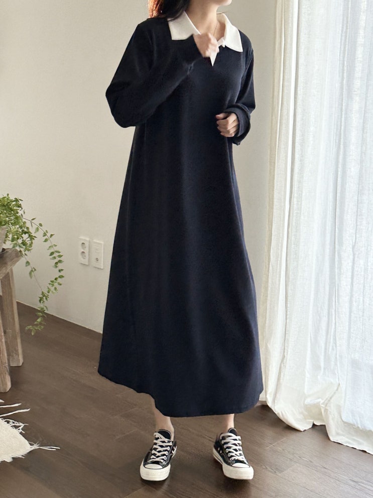  여자 봄가을 루즈핏 스판 배색 카라 빅사이즈 임부복 데일리 롱원피스
