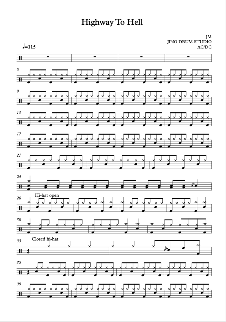  AC/DC Highway to Hell 드럼 악보 공유 부산드럼학원 지노드럼스튜디오