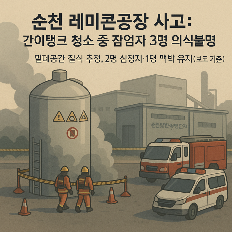 <b>순천 레미콘공장</b> 가스중독 추정 사고: 간이탱크 청소 중 작업자... 