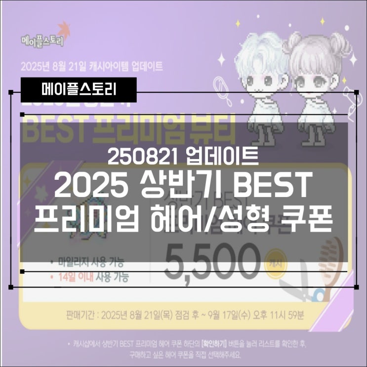  [캐시샵] 메이플스토리 250821 업데이트 - 2025년 상반기 BEST 프리미엄 성형/헤어 쿠폰 & 스타일링 스타터 패키지