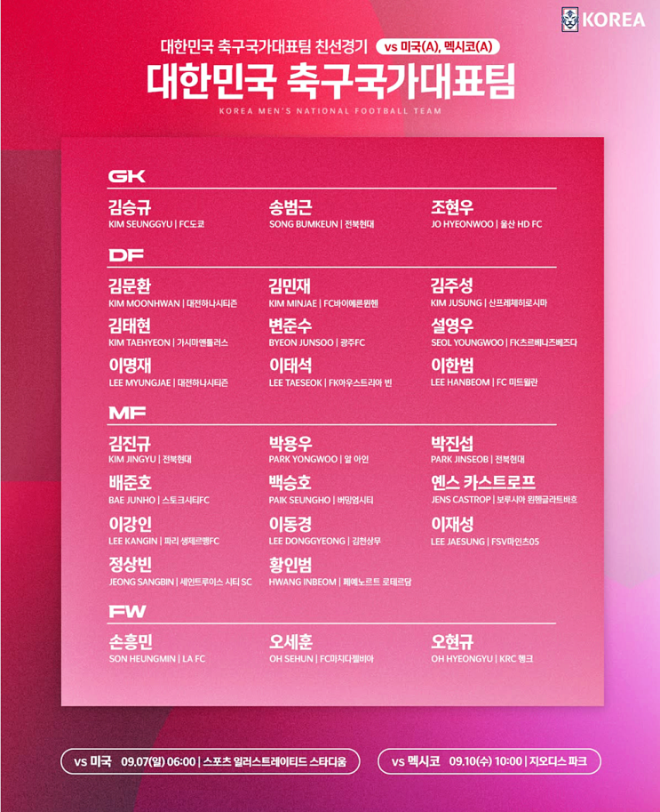 축구 국가대표 9월 평가전 일정, 7일 <b>미국전</b> 및 10일 멕시코전