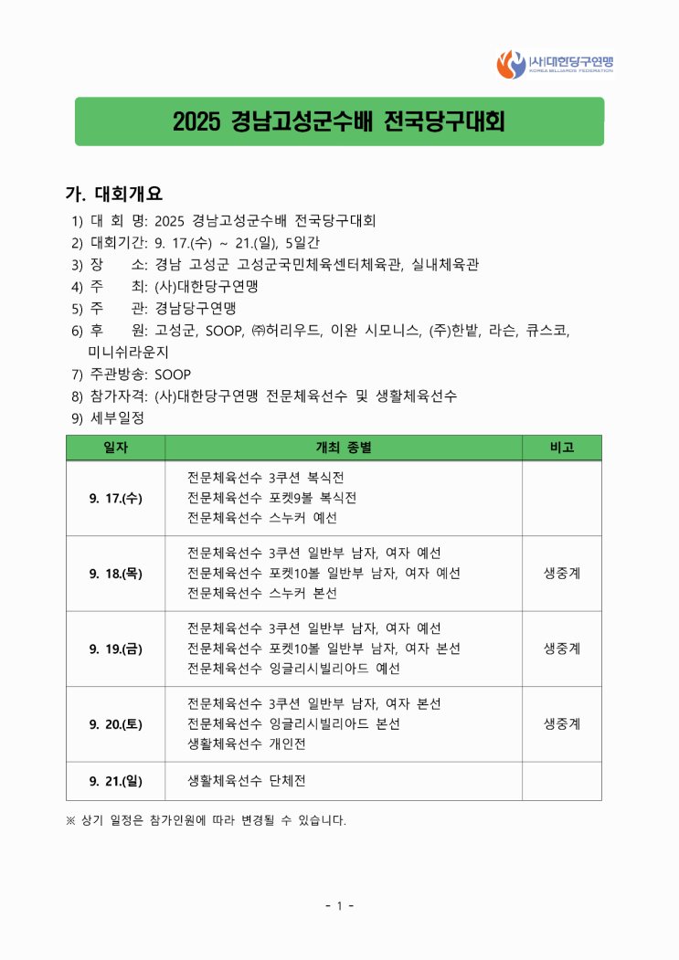  대한민국 큐들의 집합"2025 경남고성군수배 전국당구대회"의 모든 것!