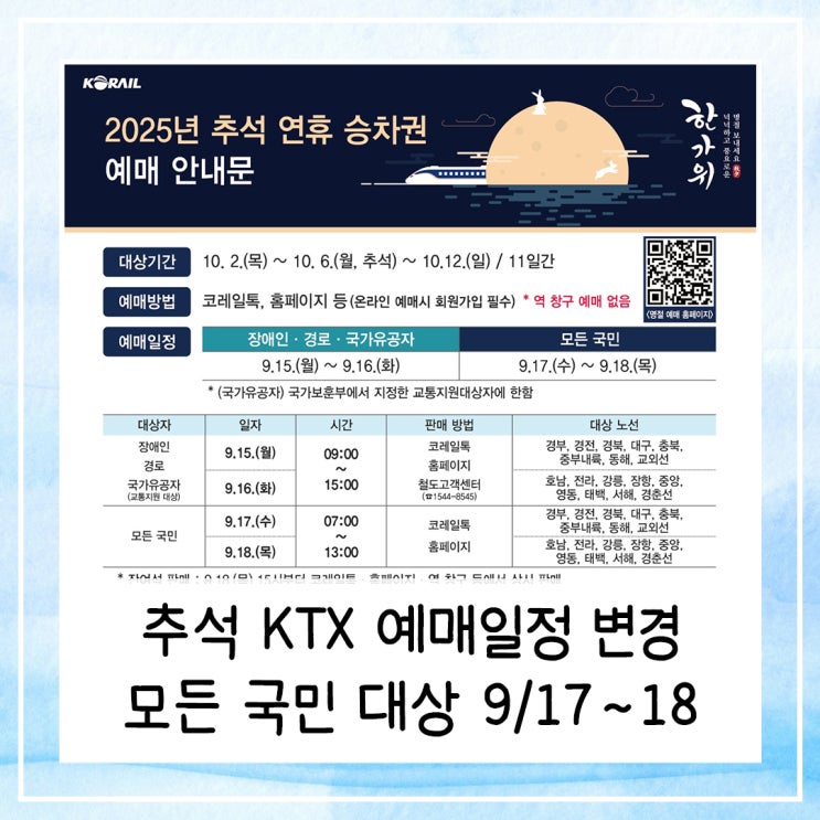  추석 KTX 예매일정 변경 | 모든 국민 대상 9/17~18
