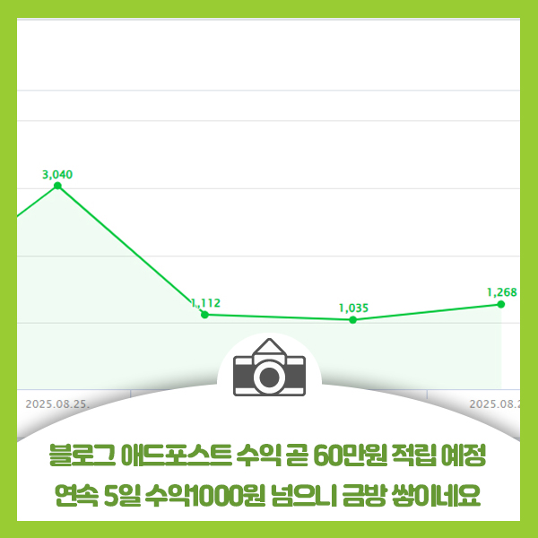  블로그 애드포스트 수익 60만원 적립 예정, 연속 5일 수익 1000원 넘으니 금방 쌓이네요