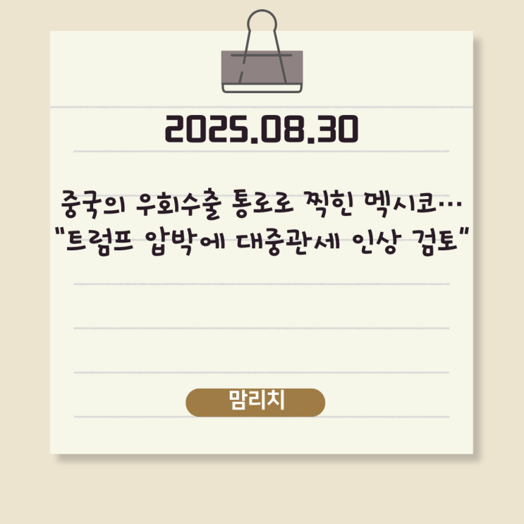통로로 찍힌 <b>멕시코</b>…“트럼프 압박에 대중<b>관세 인상</b> 검토”