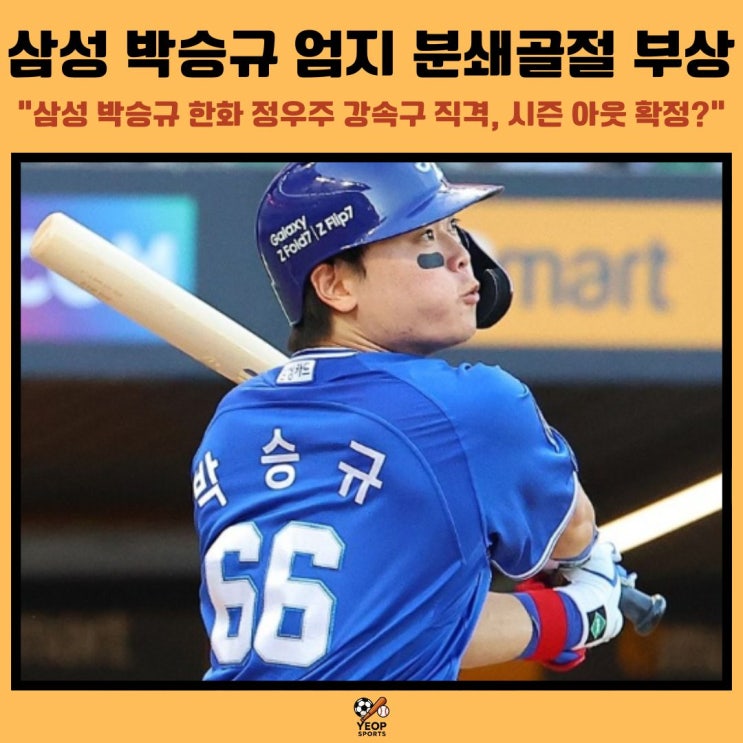 <b>삼성 박승규</b> 엄지 분쇄<b>골절</b> 부상 시즌 아웃? 정우주 강속구 직격