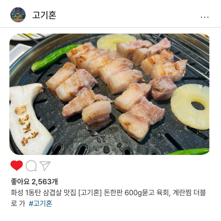  화성 1동탄 삼겹살 맛집 [고기혼] 돈한판 600g묻고 육회, 계란찜 더블로 가