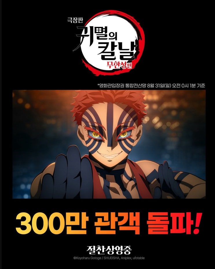  <귀멸의 칼날: 무한성편> 300만 돌파. 하울을 넘고, 역대 일본 애니 흥행 순위 톱4 등극