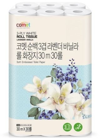   코멧 순백 3겹 라벤더 바닐라 롤화장지 30m – 30롤