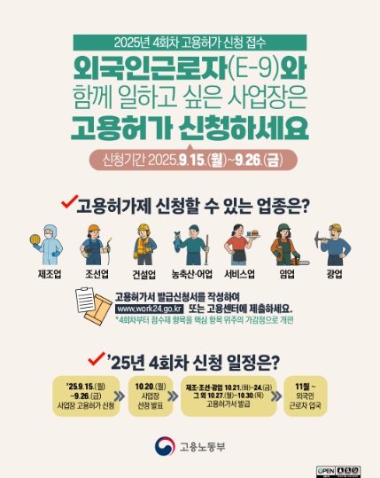 고용노동부, “산업 현장의 핵심 인력, 외국인근로자(E-9) 4차 신청 안내”