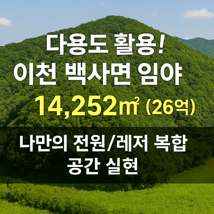  이천 백사면 임야 매매: 14,252 (26억) 전원주택지, 타운하우스, 야영장 최적!