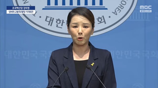강미정 <b>조국혁신당</b> 대변인 탈당 선언…당내 <b>성비위</b> 은폐·2차... 