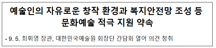 예술인의 자유로운 창작 환경과 복지안전망 조성 등 문화예술 적극 지원 약속