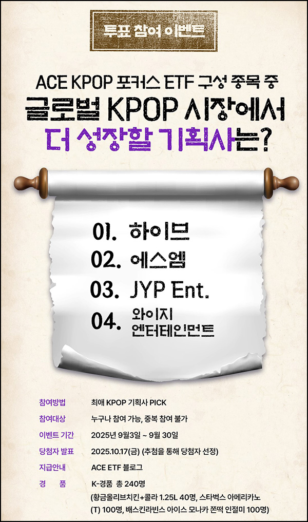  한국투자 최애 K-POP 기획사 투표이벤트(스벅등 240명)추첨~09.30