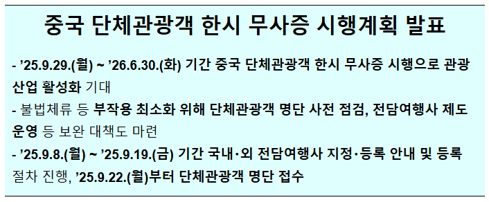  중국 단체관광객 한시 무사증 시행계획 발표