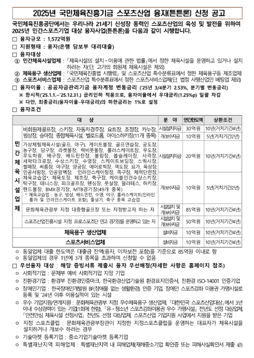  2025년 국민체육진흥기금 스포츠산업융자(튼튼론) 신청 추가 접수 공고