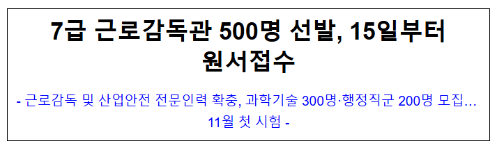  7급 근로감독관 500명 선발, 15일부터 원서접수