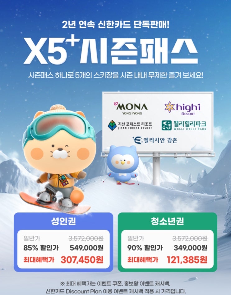  2526 X5+ 스키장 시즌권 모나 용평, 하이원 리조트, 지산 포레스, 웰리힐리 파크, 엘리시안 강촌