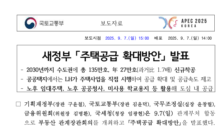 <b>주택공급 확대</b> 방안 발표 보도자료