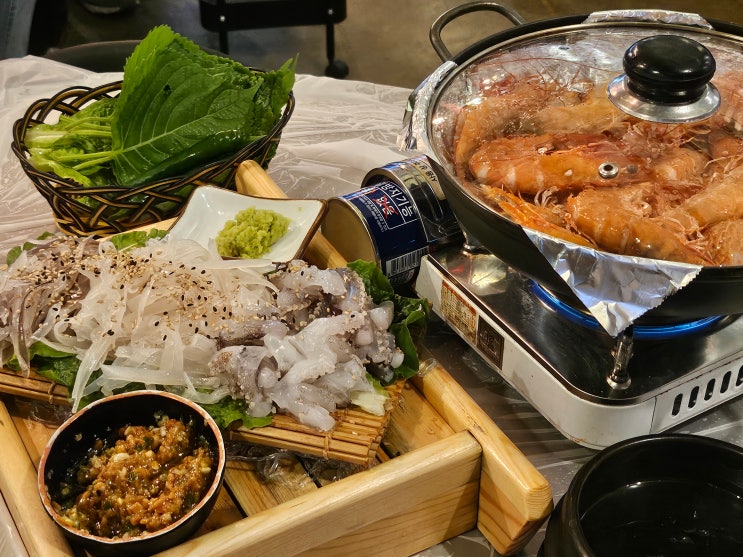  광주 첨단 제철해산물 맛집 해녀촌 대하구이, 산오징어회 푸파