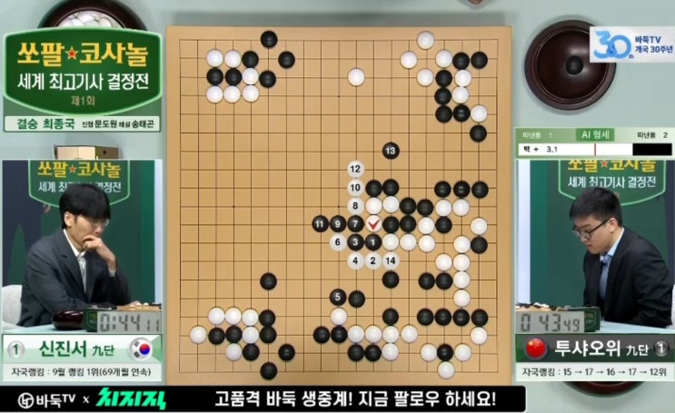 제1회 <b>쏘팔코사놀</b>... 결과 <b>신진서</b>, 투샤오위에게 승리, 초대... 