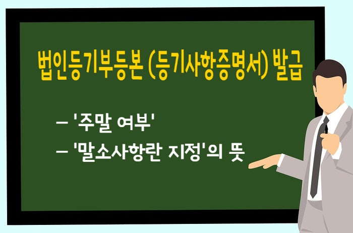  법인 등기부등본(등기사항증명서) 발급 화면에서 '주말 여부' '말소사항란 지정'의 뜻