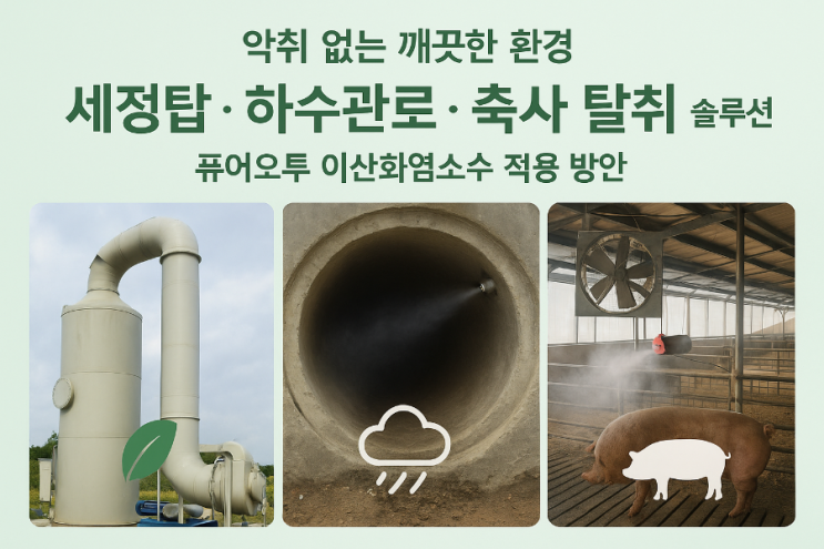  세정탑·하수관로·축사 등 주요 시설에 퓨어오투 이산화염소수(ClO₂) 투입 및 안개분무 방식 탈취 적용 방안을 사례 중심으로 정리해 드리겠습니다.