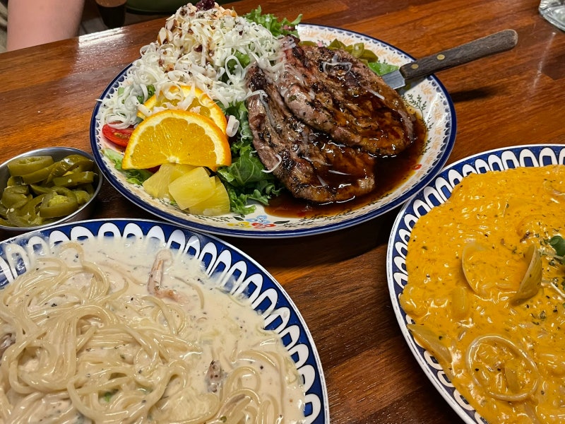 노원역 맛집 로니로티 노원점, 목살 스테이크 샐러드, 치킨 버섯 크림 스파게티, 오이스터 크....