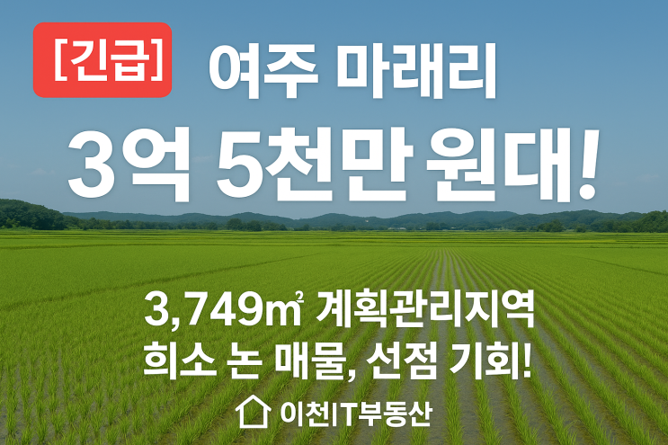  여주 세종대왕면 마래리 계획관리지역 논 3,749 매매 3억 5천!