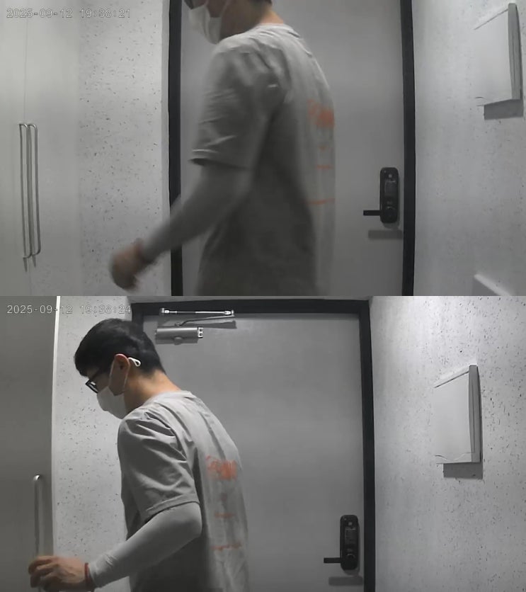  松山 301호 층간 소음 때문에 2025. 09. 12. 오후 7시 38분 어머니 집으로 피신함, 건조대 위에 현관문 cctv 설치함, 2중으로 녹음기 설치함, 松山 현관문 사진.