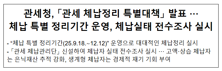 관세청, 「관세 체납정리 특별대책」 발표 ··· 체납 특별 정리기간 운영, 체납실태 전수조사 실시
