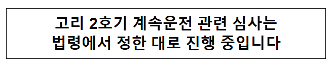  고리 2호기 계속운전 관련 심사는 법령에서 정한 대로 진행 중입니다