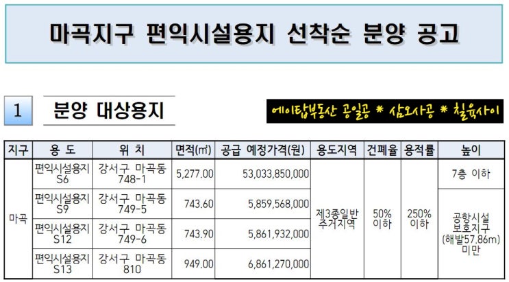  서울 마곡지구 편익시설 용지 토지 선착순 수의계약 분양 공고
