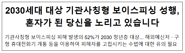  2030세대 대상 기관사칭형 보이스피싱 성행, 혼자가 된 당신을 노리고 있습니다