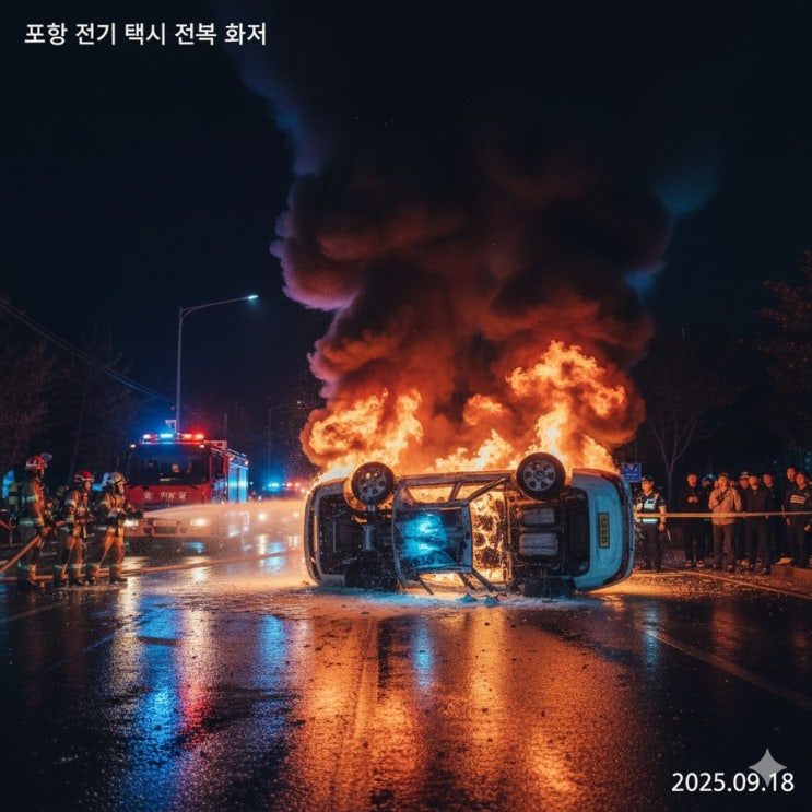  [화재속보] 9월 18일 한밤중 포항 뒤흔든 전기 택시 전복 화재… 안타까운 인명 피해 발생! (포항 상원동 교통사고)